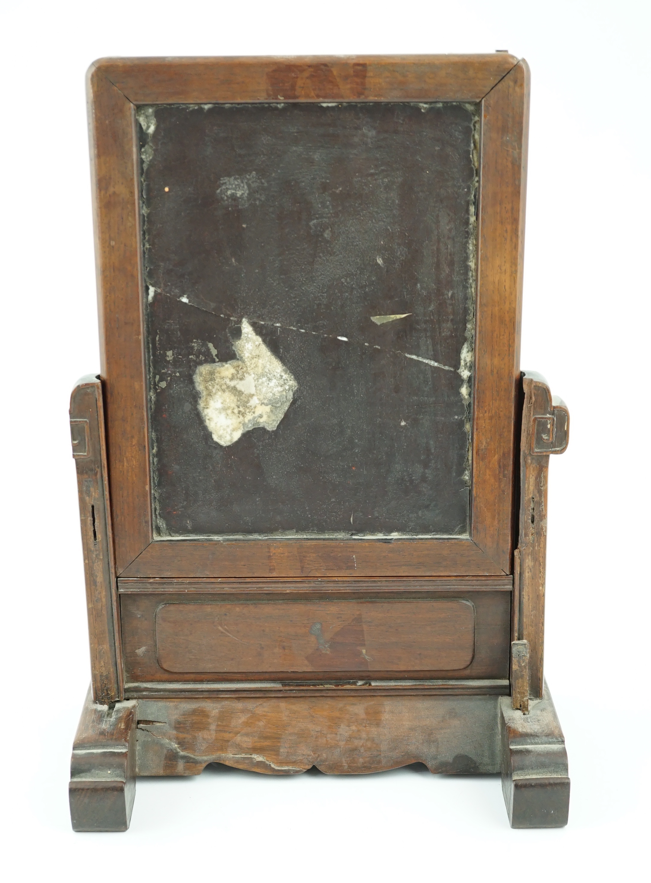 A Chinese famille rose porcelain mounted hongmu framed table screen, 19th century, some damage